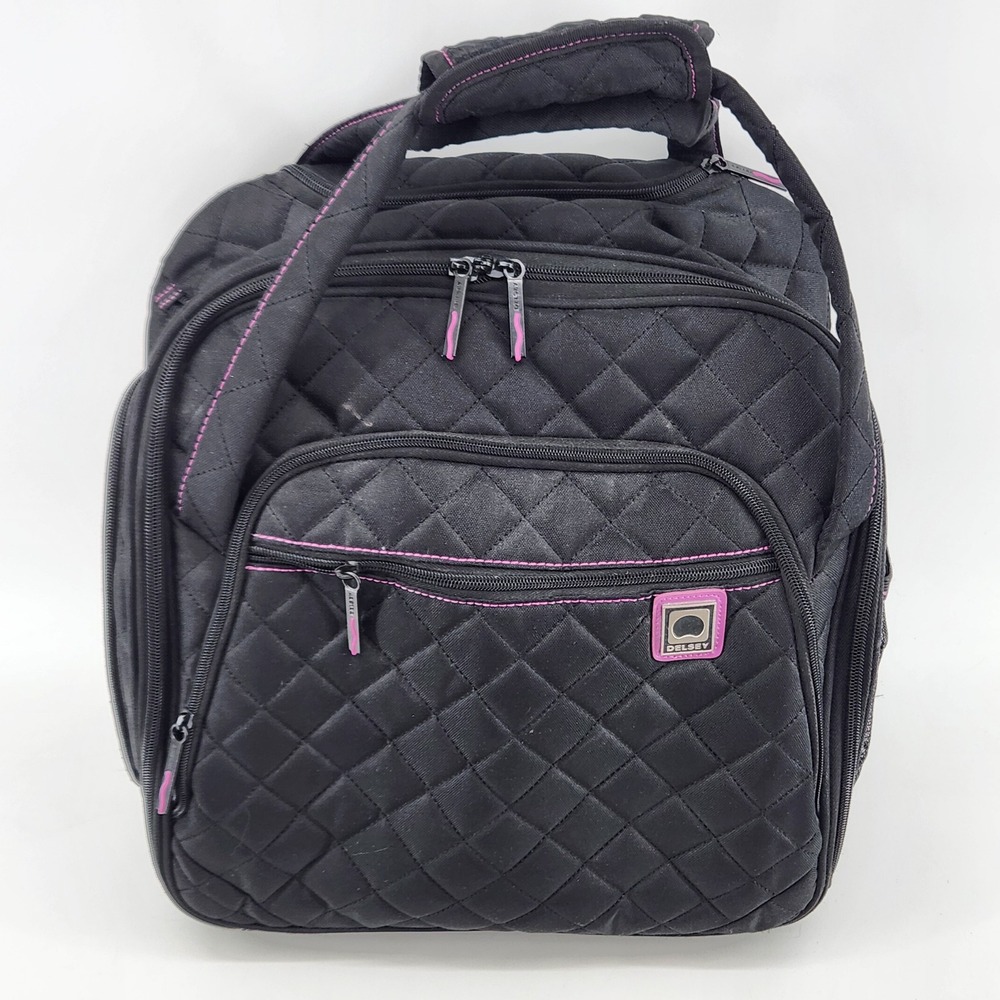 Delsey Rolling Carry On Luggage Black Quilted Suitcase Wheeled Travel Bag 15 In